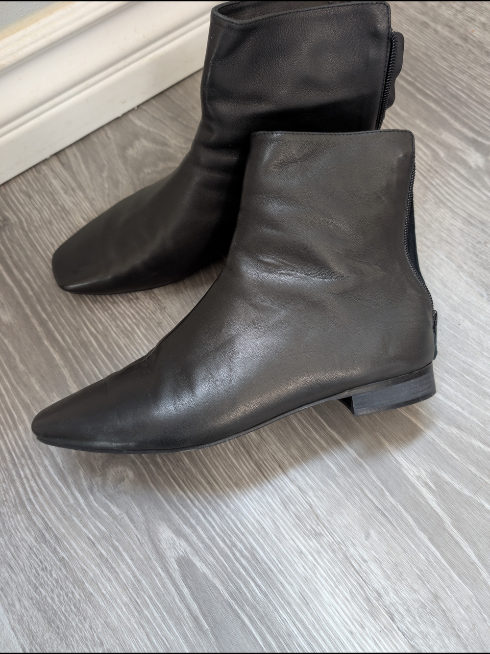 Korea Brand Classic Black Leather Ankle Booties with Square Toe